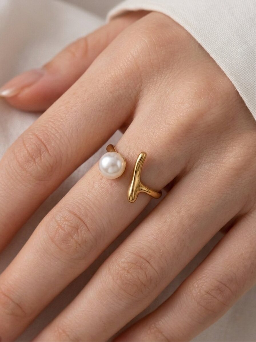 Shafaf Gold Plated Sculptural Pearl Open Ring for Women I Anti-Tarnish Abstract Branch Statement Ring, Unique Organic Minimalist Pearl Jewelry I Adjustable Artisan Bypass Band