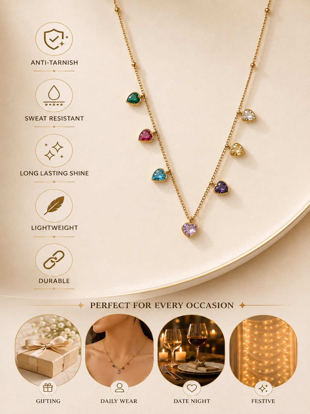 Shafaf Golden Multi-Color Heart Crystal Anti-Tarnish Neck Chain