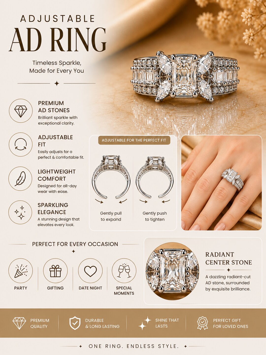 Shafaf Silver-Plated Radiant & Marquise AD Anti-Tarnish Adjustable Ring