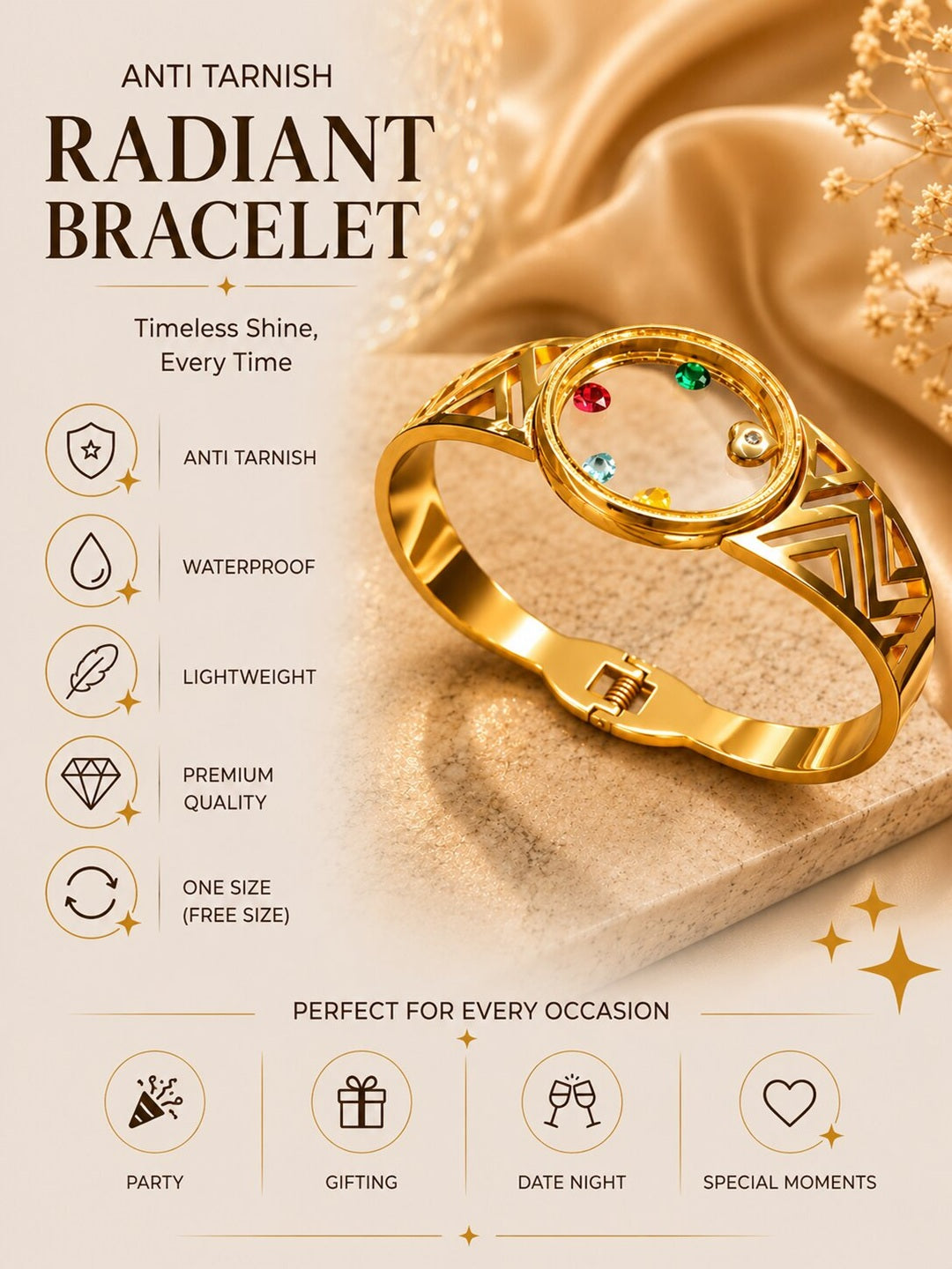 Shafaf Gold-Plated Floating Multi-Color AD Stones Geometric Anti-Tarnish Adjustable Bracelet