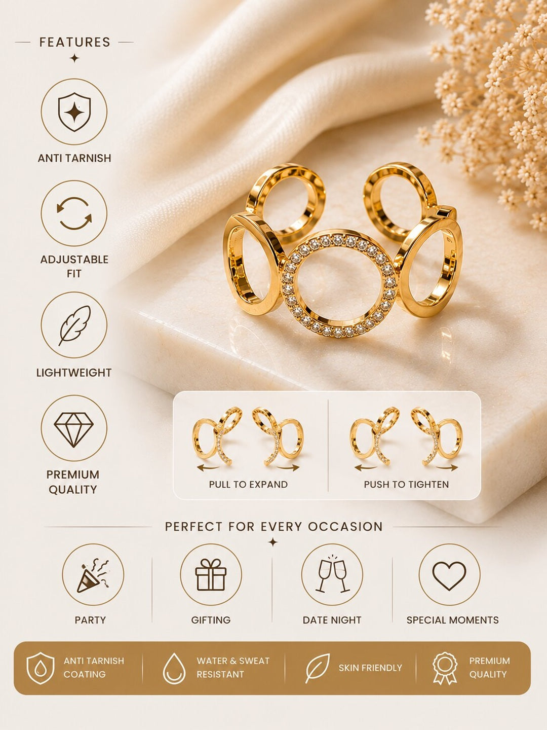 Shafaf Gold-Plated Interlinked Circle AD Adjustable Ring