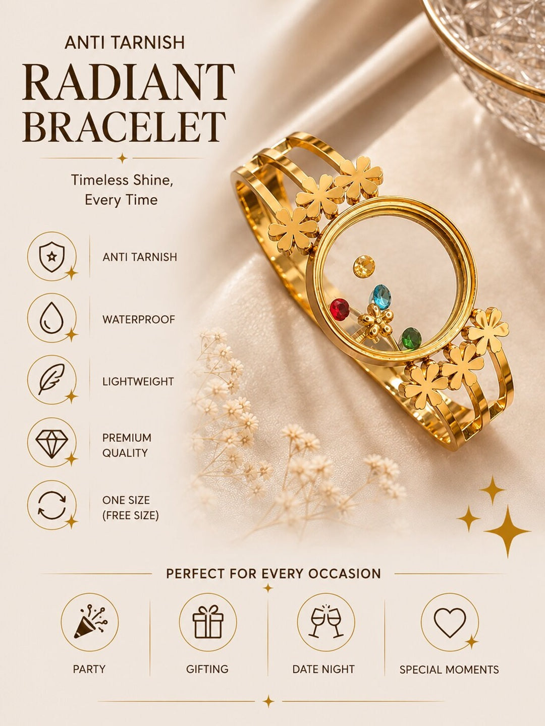 Shafaf Gold-Plated Floating Multi-Color AD Stones Floral Anti-Tarnish Adjustable Bracelet