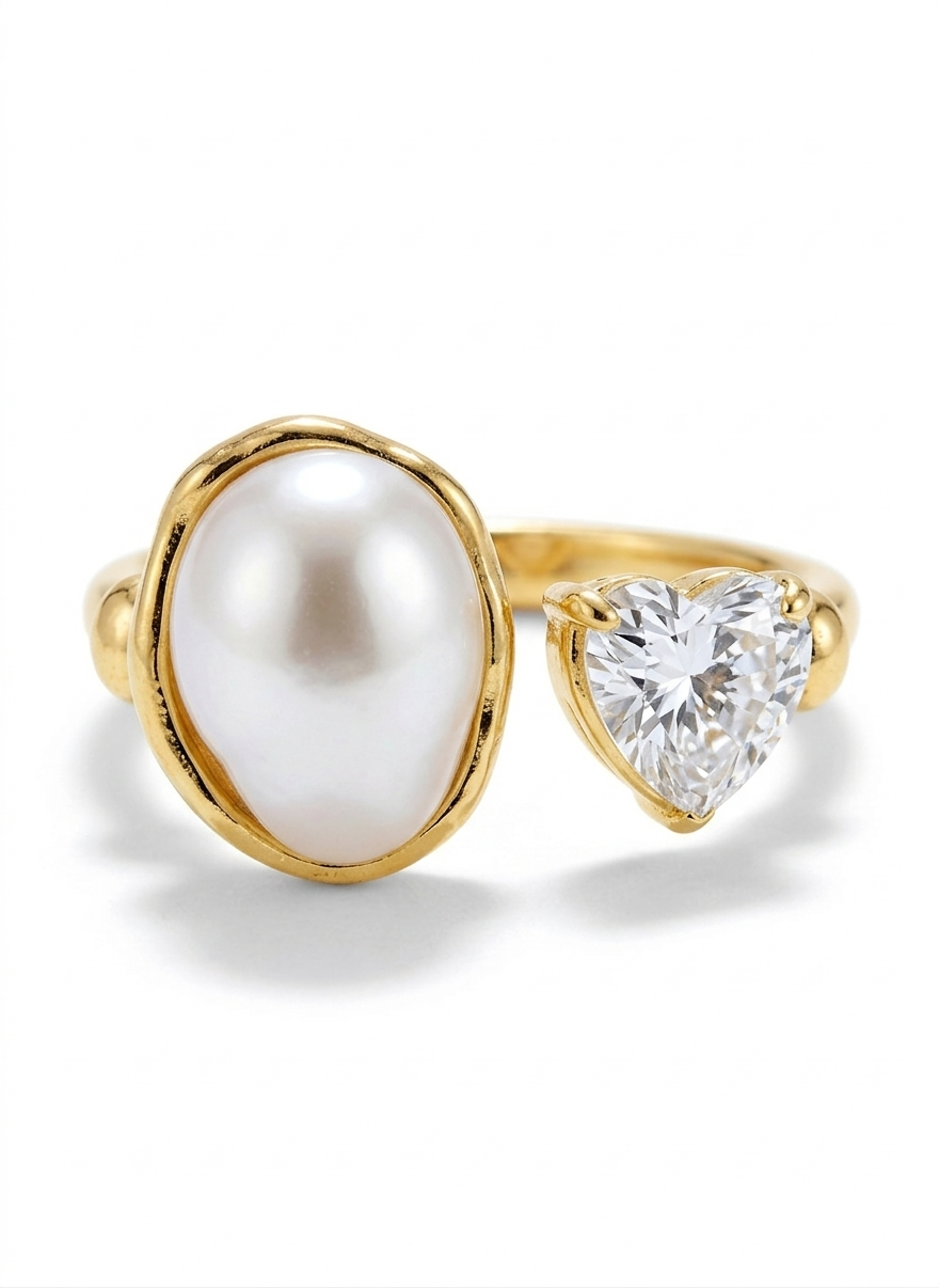 Shafaf Gold Plated Heart Cubic Zirconia and Shell Pearl Open Ring for Women I Adjustable Anti-Tarnish Toi et Moi Statement Ring, Romantic Heart Shaped Crystal Jewelry