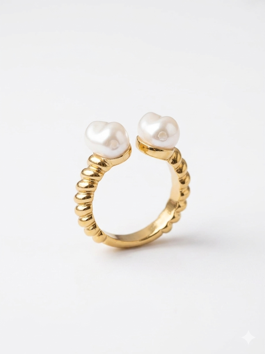 Shafaf Anti-Tarnish Double Pearl Ring for Women, Gold Plated Adjustable Statement Ring I Aesthetic Spiral Band Accessories for Gifting - 1pc