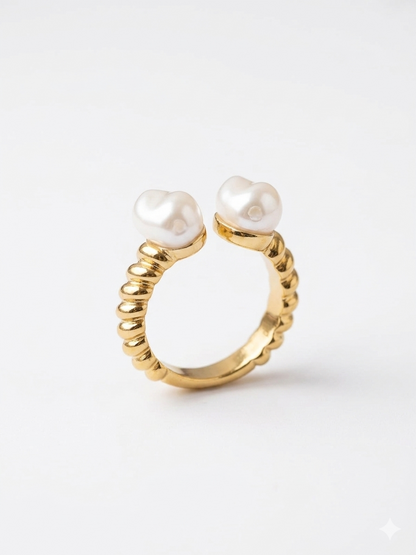 Shafaf Anti-Tarnish Double Pearl Ring for Women, Gold Plated Adjustable Statement Ring I Aesthetic Spiral Band Accessories for Gifting - 1pc