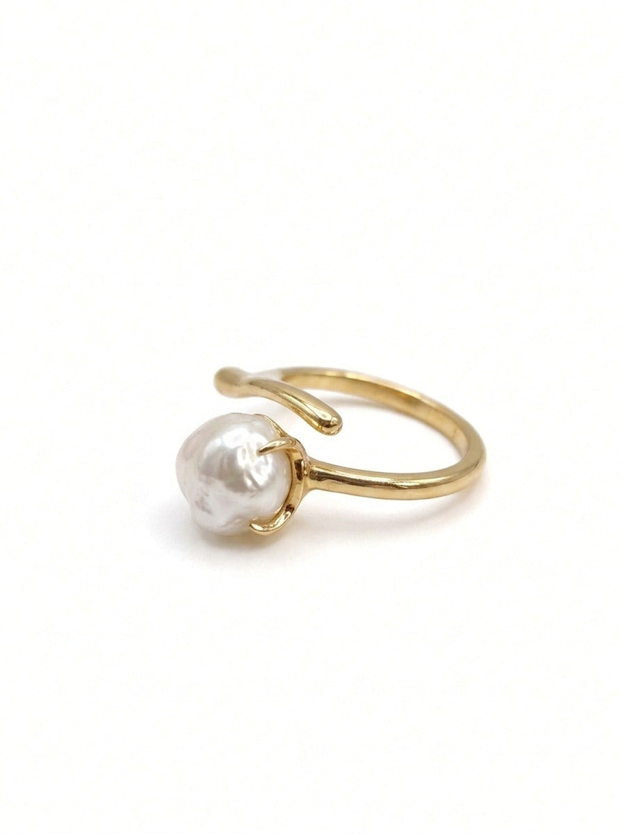 Shafaf Gold Plated Baroque Pearl Bypass Ring for Women, Anti-Tarnish Handmade Irregular Cultured Pearl Statement Ring I Unique Organic Minimalist Jewelry Adjustable Open Band Gifting for Her