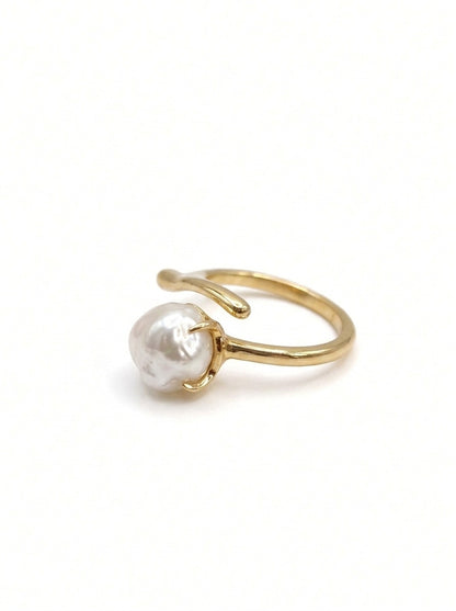 Shafaf Gold Plated Baroque Pearl Bypass Ring for Women, Anti-Tarnish Handmade Irregular Cultured Pearl Statement Ring I Unique Organic Minimalist Jewelry Adjustable Open Band Gifting for Her