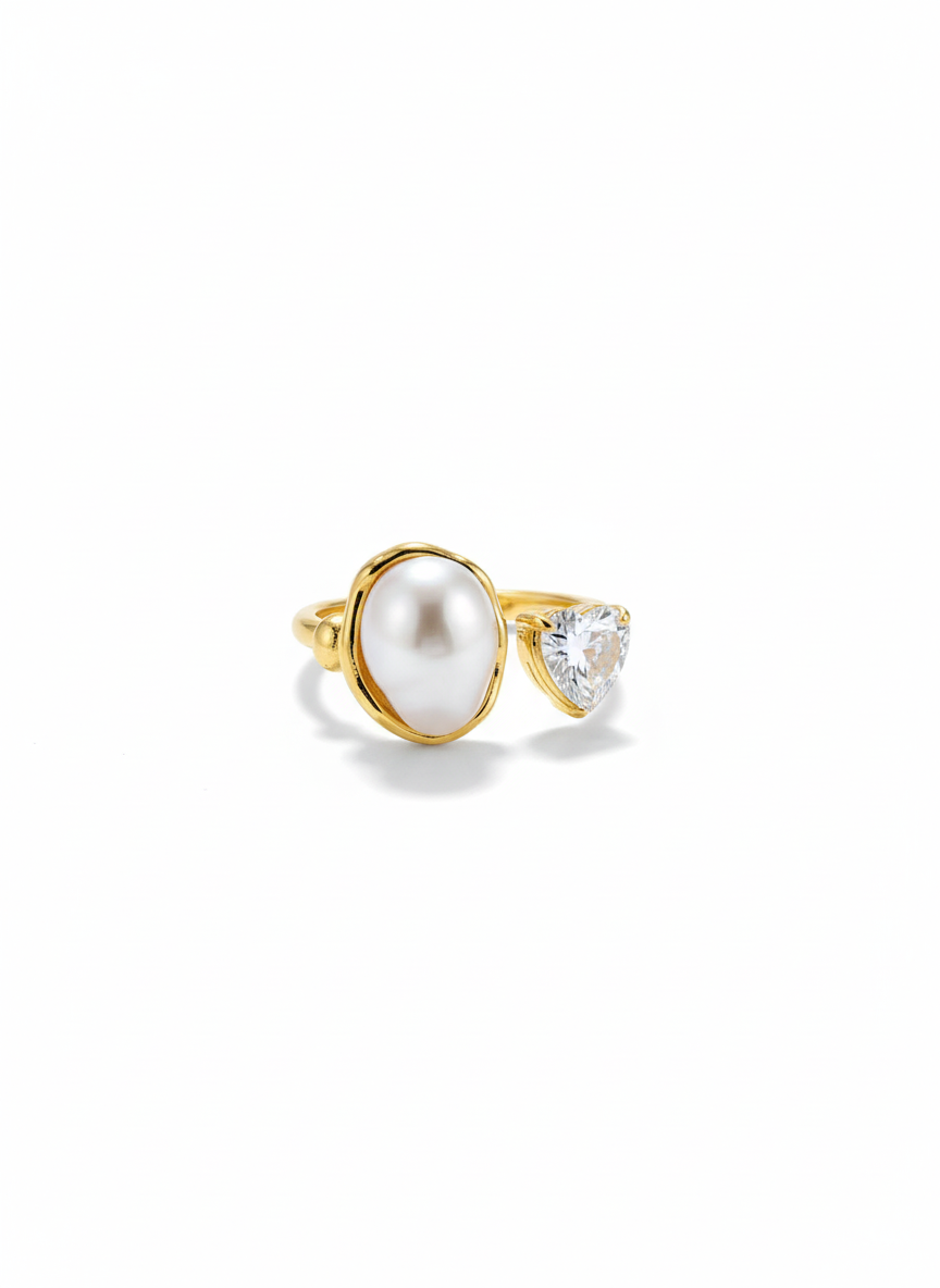 Shafaf Gold Plated Heart Cubic Zirconia and Shell Pearl Open Ring for Women I Adjustable Anti-Tarnish Toi et Moi Statement Ring, Romantic Heart Shaped Crystal Jewelry