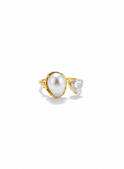 Shafaf Gold Plated Heart Cubic Zirconia and Shell Pearl Open Ring for Women I Adjustable Anti-Tarnish Toi et Moi Statement Ring, Romantic Heart Shaped Crystal Jewelry