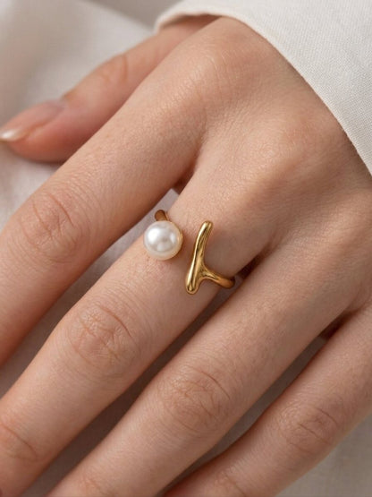 Shafaf Gold Plated Sculptural Pearl Open Ring for Women I Anti-Tarnish Abstract Branch Statement Ring, Unique Organic Minimalist Pearl Jewelry I Adjustable Artisan Bypass Band