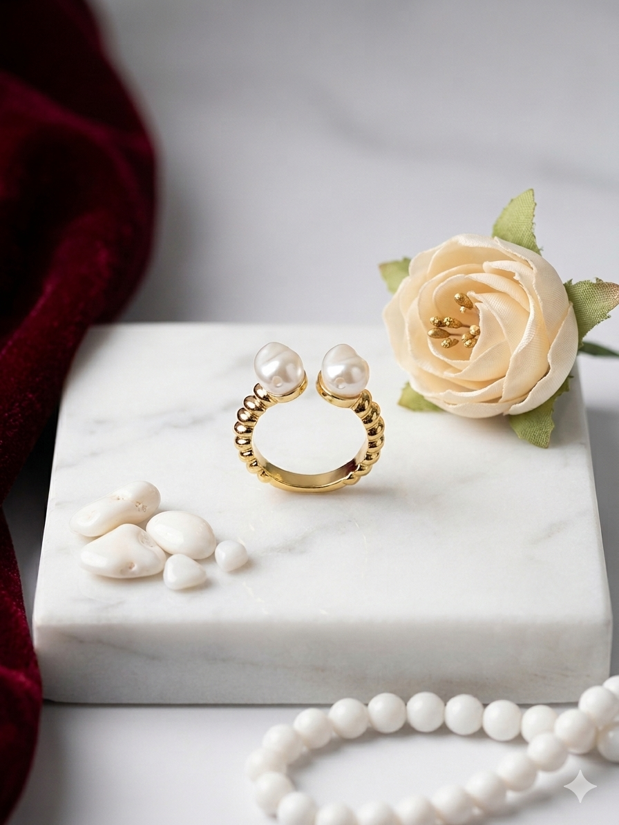Shafaf Anti-Tarnish Double Pearl Ring for Women, Gold Plated Adjustable Statement Ring I Aesthetic Spiral Band Accessories for Gifting - 1pc