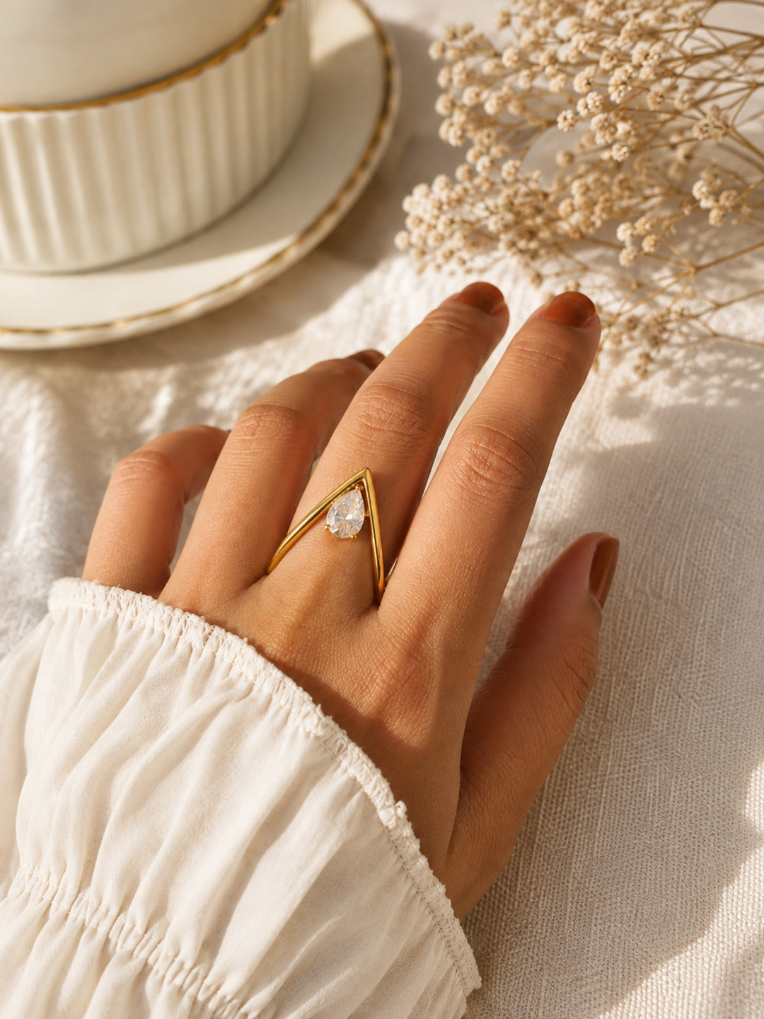 Shafaf Gold-Plated V-Shaped Solitaire Adjustable Ring