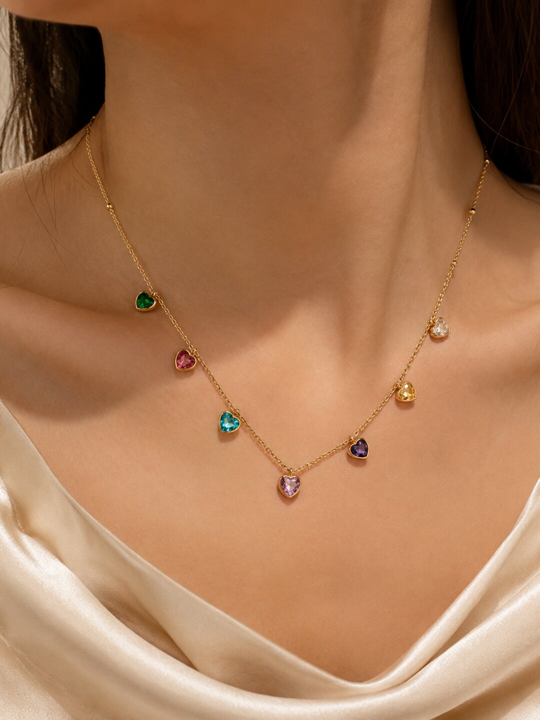 Shafaf Golden Multi-Color Heart Crystal Anti-Tarnish Neck Chain