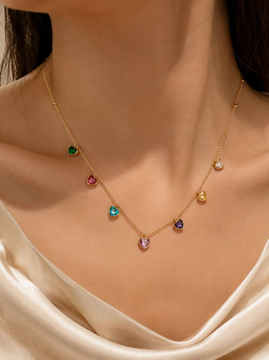 Shafaf Golden Multi-Color Heart Crystal Anti-Tarnish Neck Chain