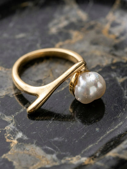 Shafaf Gold Plated Baroque Pearl Bypass Ring for Women, Anti-Tarnish Handmade Irregular Cultured Pearl Statement Ring I Unique Organic Minimalist Jewelry Adjustable Open Band Gifting for Her