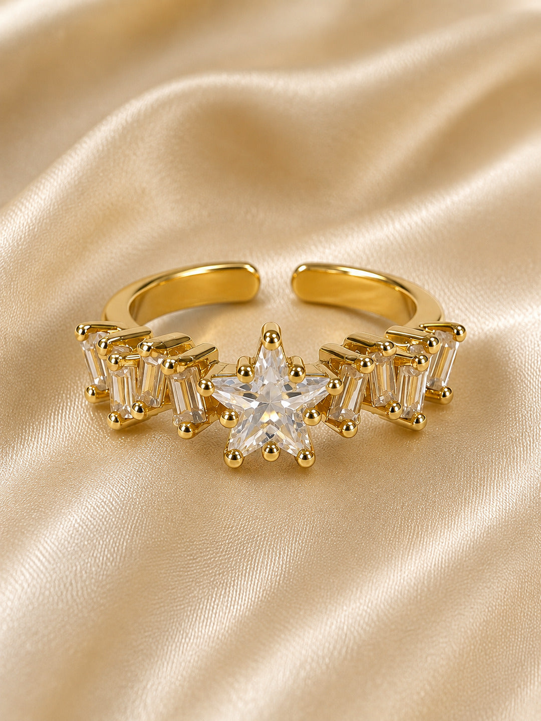 Shafaf Gold-Plated Star & Baguette AD Anti-Tarnish Adjustable Ring