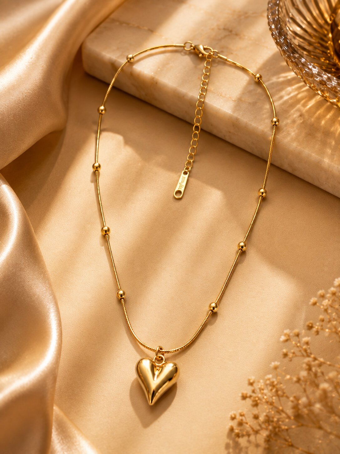 Shafaf Gold Puffed Heart Pendant with Beaded Chain for Women