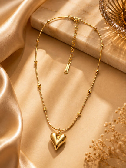 Shafaf Gold Puffed Heart Pendant with Beaded Chain for Women