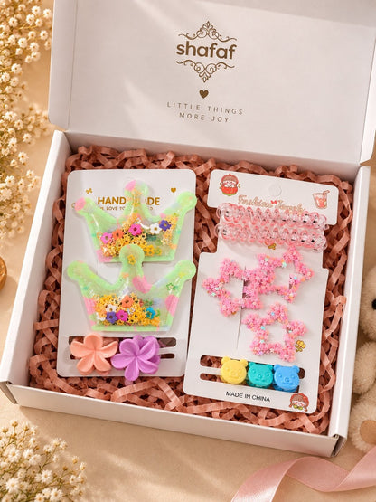 Adorable character theme hair accessories, jewelry and cotton hankie gift combo set for girls