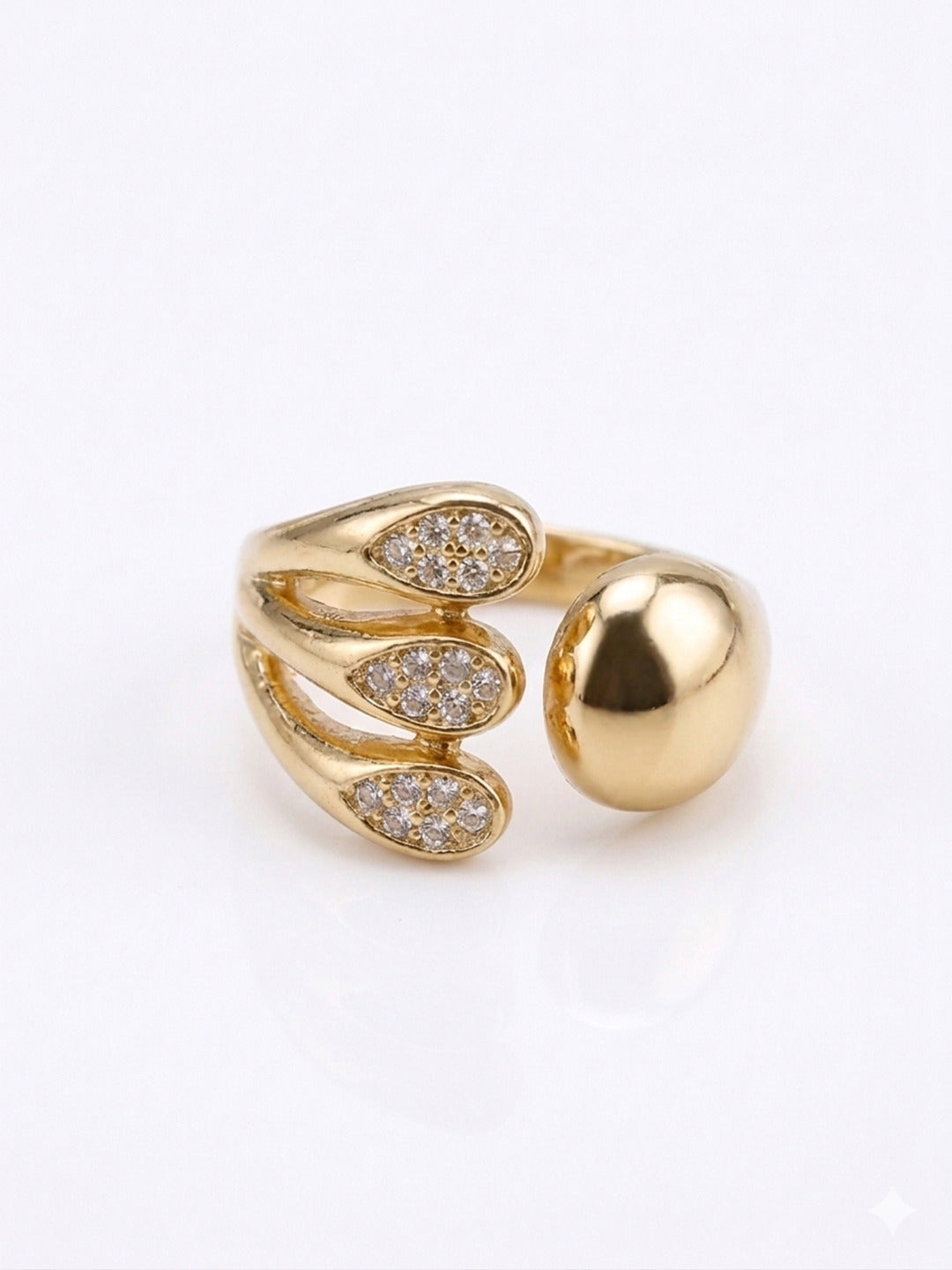 Shafaf Gold Plated Triple Leaf Pavé Open Ring for Women I Anti-Tarnish Sculptural Statement Ring I Artistic Adjustable Bypass Band with Sparkling Zirconia I Modern Geometric Jewelry