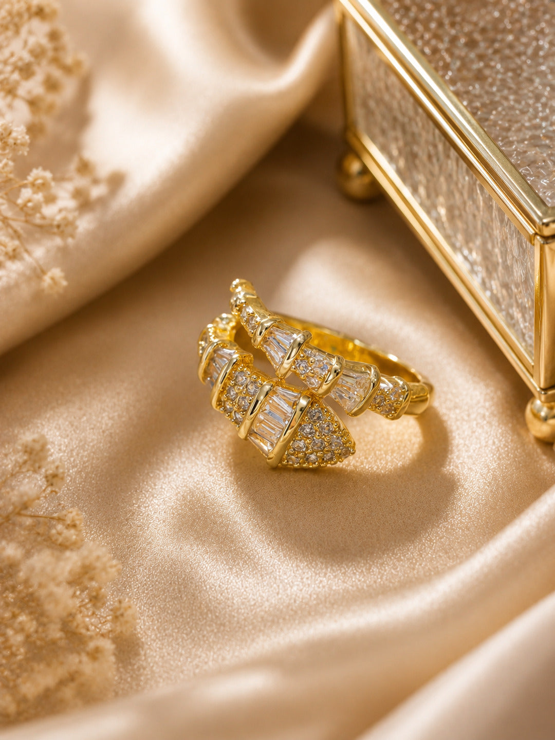 Shafaf Gold-Plated Croissant Dome Baguette & Pave AD Anti-Tarnish Adjustable Ring