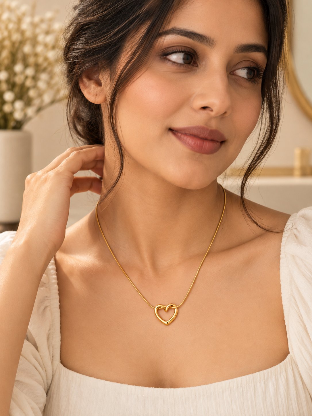 Heart pendant gold chain necklace with anti-tarnish finish for women, featuring a delicate heart-shaped design.