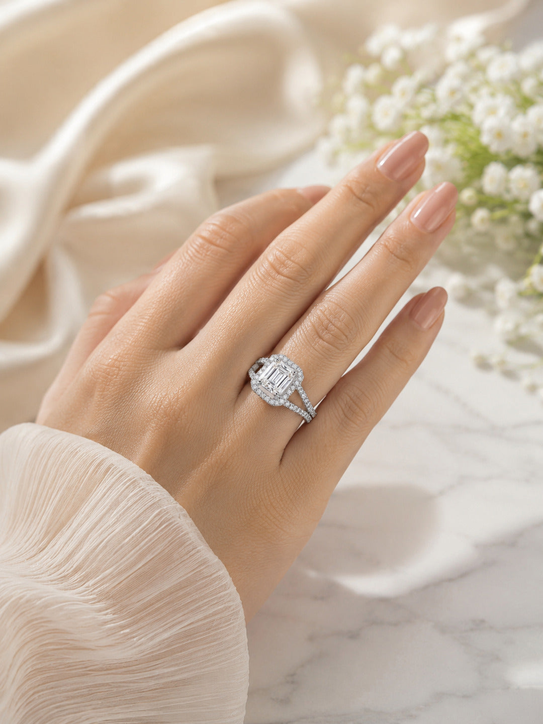 Shafaf Silver-Plated Emerald-Cut Halo AD Adjustable Ring