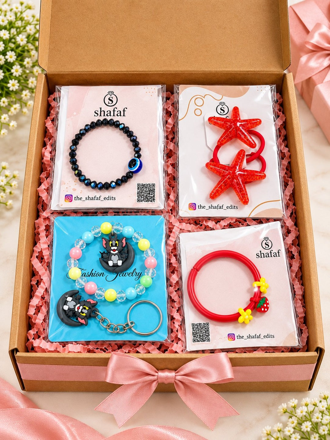 Girls accessories gift set with bracelet, cute key ring, star hair bands and bangle