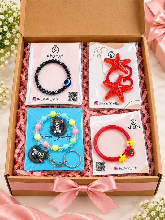 Girls accessories gift set with bracelet, cute key ring, star hair bands and bangle