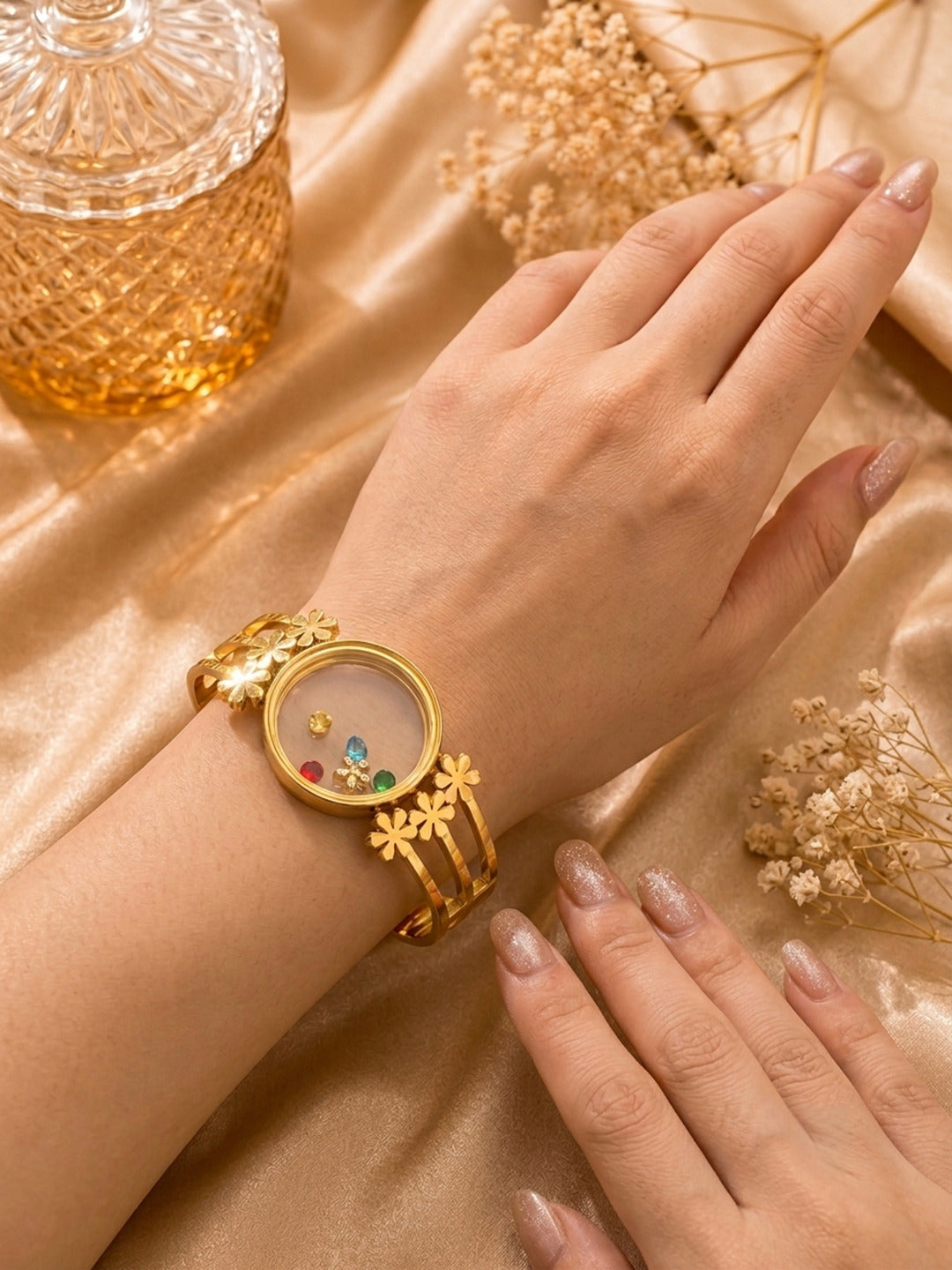 Shafaf Gold-Plated Floating Multi-Color AD Stones Floral Anti-Tarnish Adjustable Bracelet