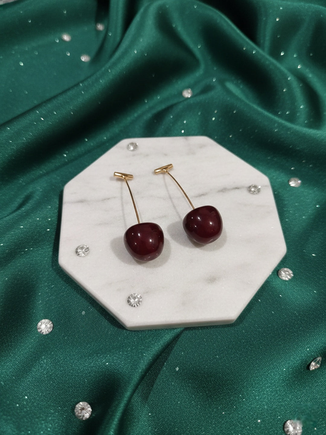 Shafaf Realistic Deep Red Cherry Drop Earrings with Gold Stems For Women and Girls