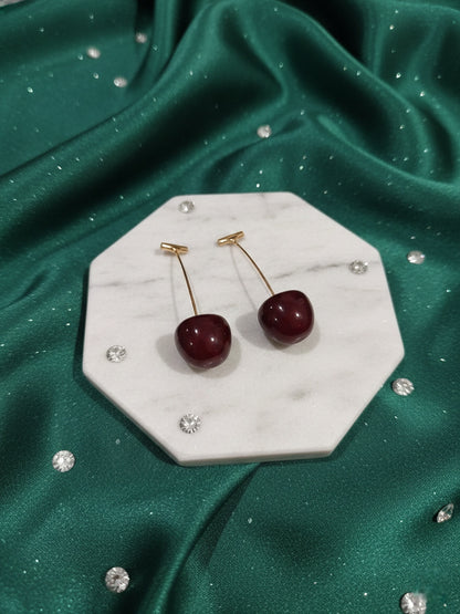 Shafaf Realistic Deep Red Cherry Drop Earrings with Gold Stems For Women and Girls