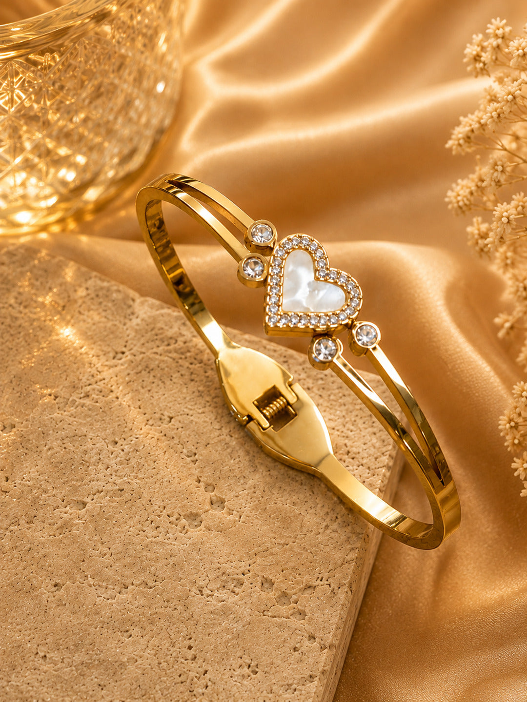Shafaf Gold-Plated Mother of Pearl Heart & AD Stones Anti-Tarnish Adjustable Bracelet
