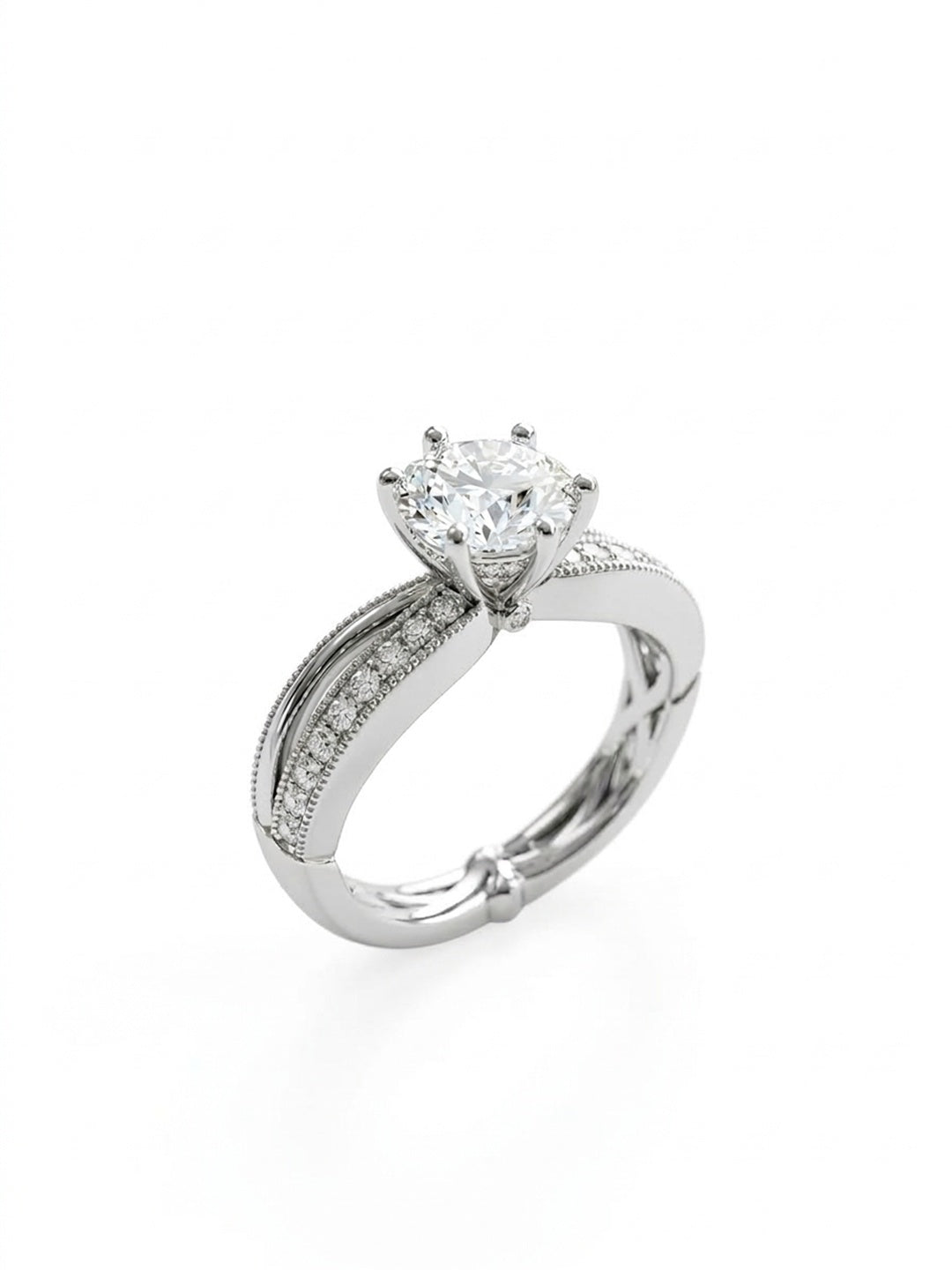 Shafaf Round American Diamond Ring, Silver-Toned, Six-Prong Setting with Pave Band