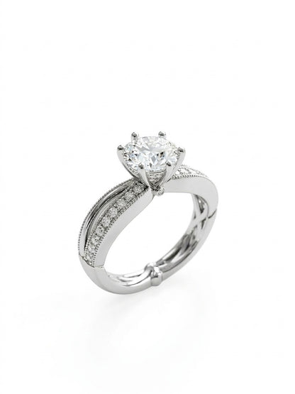Shafaf Round American Diamond Ring, Silver-Toned, Six-Prong Setting with Pave Band