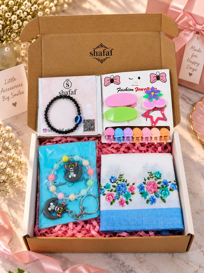 Girls gift set with bracelet, evil eye nazariya, key ring, hair clips, hair band and mini clutchers