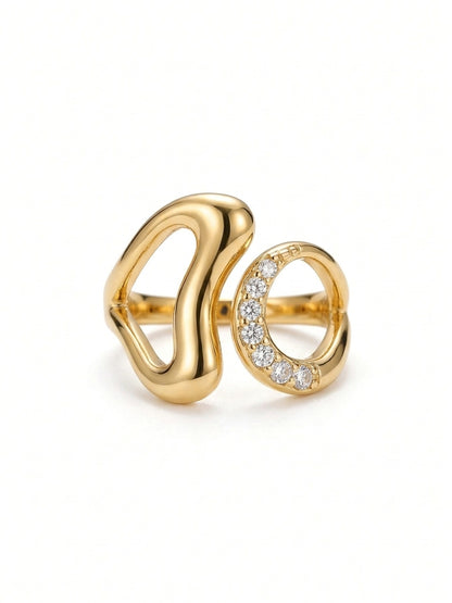 Shafaf Gold Plated Abstract Sculptural Open Ring for Women I Anti-Tarnish Geometric Statement Ring I Artistic Hollow Bypass Design with Sparkling Zirconia I Adjustable Minimalist Jewelry
