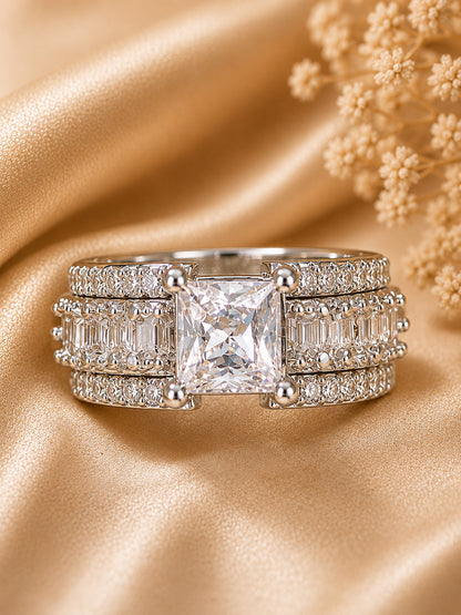 Shafaf Silver-Plated Princess Cut & Baguette AD Anti-Tarnish Adjustable Ring