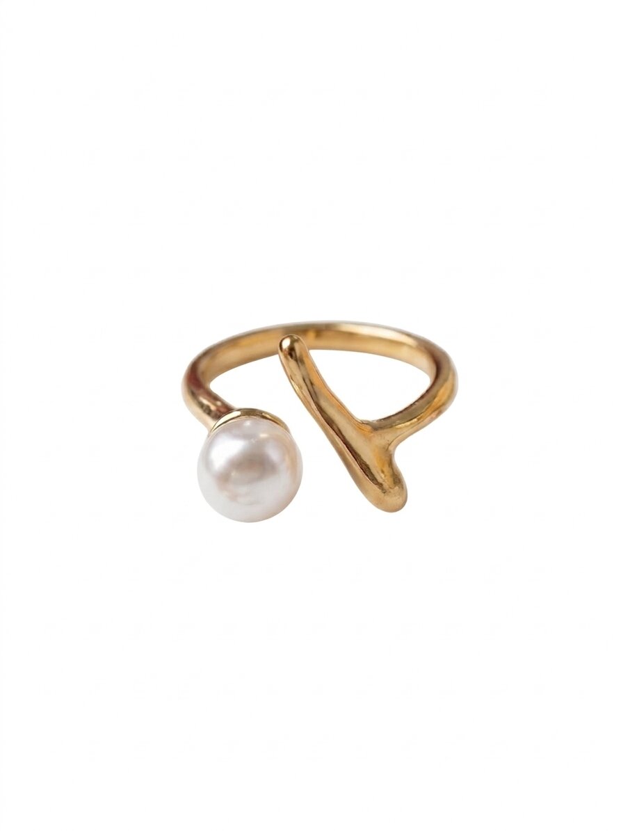 Shafaf Gold Plated Sculptural Pearl Open Ring for Women I Anti-Tarnish Abstract Branch Statement Ring, Unique Organic Minimalist Pearl Jewelry I Adjustable Artisan Bypass Band