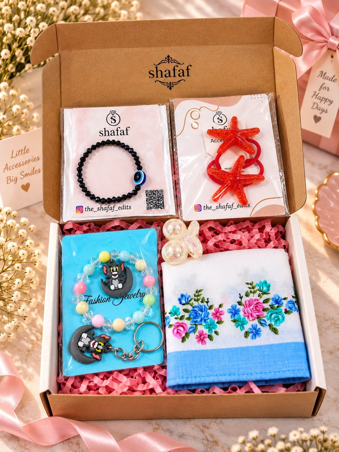 Girls gift set with cute key ring, bracelet, star hair bands and hankie