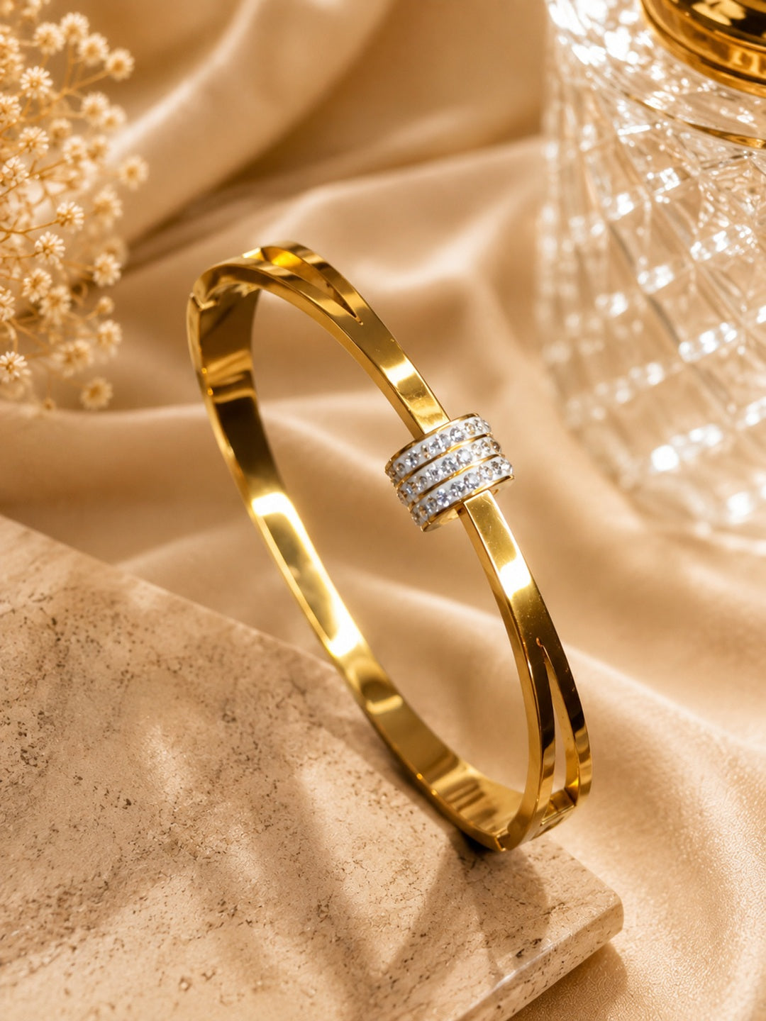 Shafaf Gold-Plated Pave AD Barrel Center Anti-Tarnish Adjustable Bracelet