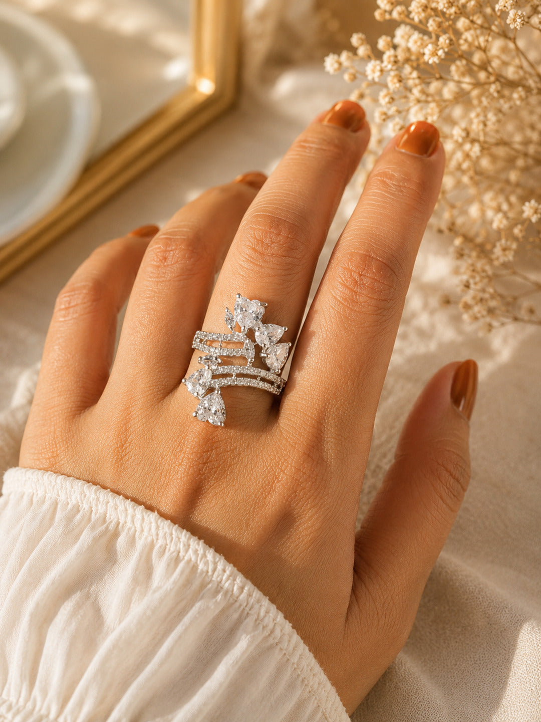 Shafaf Silver-Plated Sparkling AD Stone Cluster Adjustable Ring