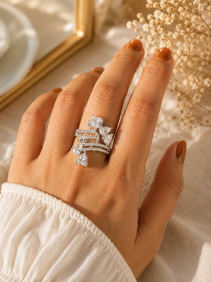 Shafaf Silver-Plated Sparkling AD Stone Cluster Adjustable Ring