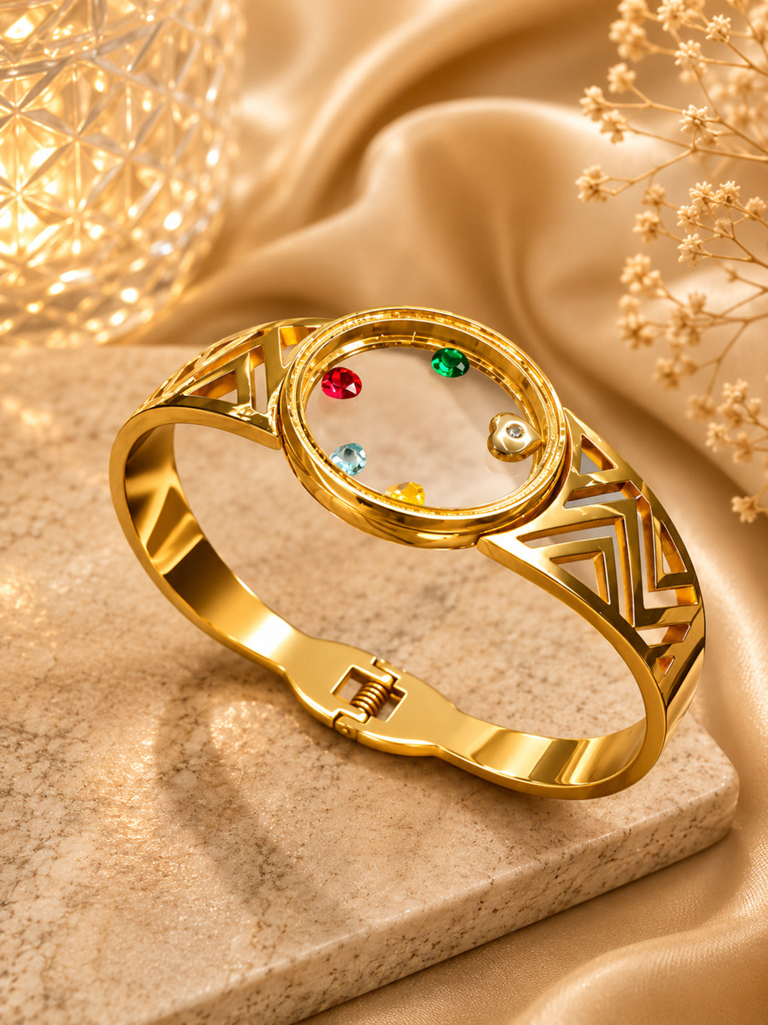 Shafaf Gold-Plated Floating Multi-Color AD Stones Geometric Anti-Tarnish Adjustable Bracelet