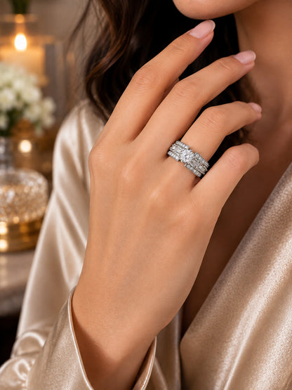 Shafaf Silver-Plated Round Cut & Baguette AD Adjustable Ring