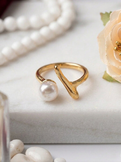 Shafaf Gold Plated Sculptural Pearl Open Ring for Women I Anti-Tarnish Abstract Branch Statement Ring, Unique Organic Minimalist Pearl Jewelry I Adjustable Artisan Bypass Band