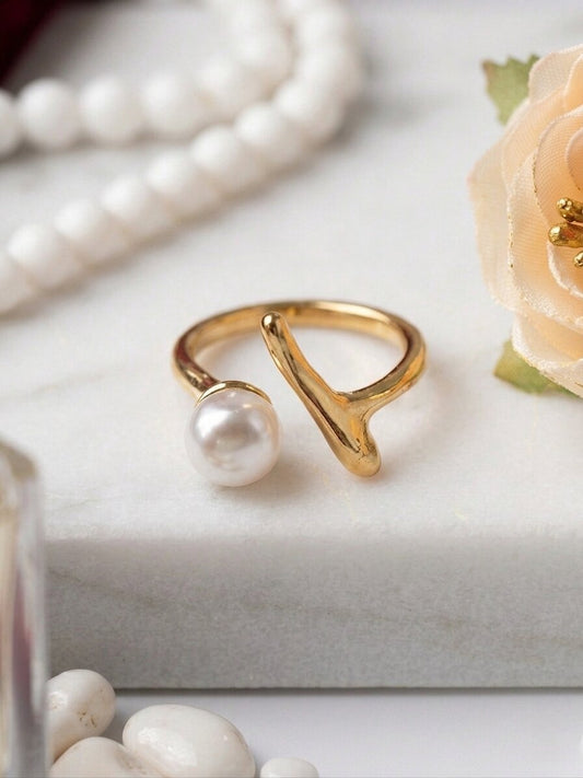 Shafaf Gold Plated Sculptural Pearl Open Ring for Women I Anti-Tarnish Abstract Branch Statement Ring, Unique Organic Minimalist Pearl Jewelry I Adjustable Artisan Bypass Band