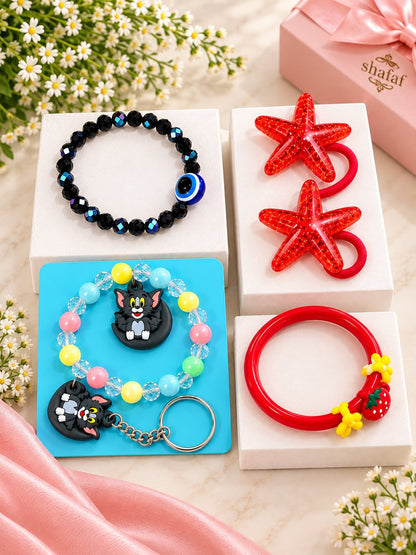 Girls accessories gift set with bracelet, cute key ring, star hair bands and bangle