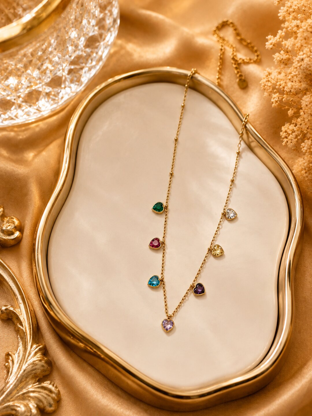 Shafaf Golden Multi-Color Heart Crystal Anti-Tarnish Neck Chain