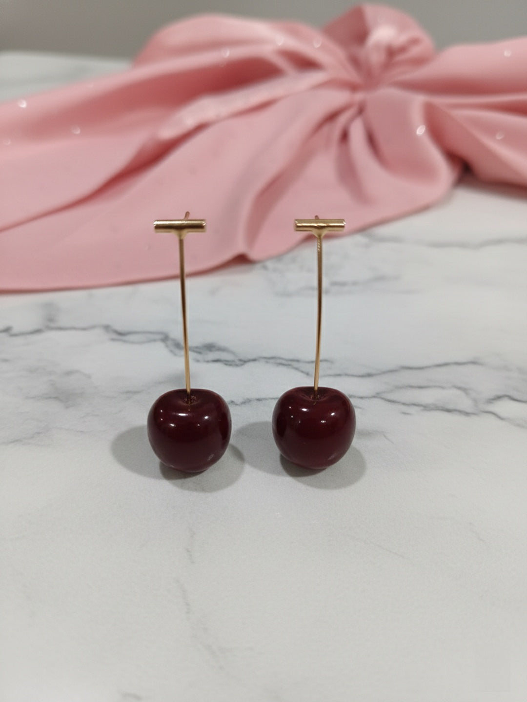 Shafaf Realistic Deep Red Cherry Drop Earrings with Gold Stems For Women and Girls
